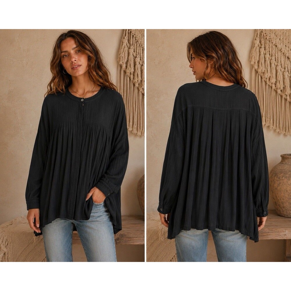Denim & Supply Ralph Lauren NOS Black Pleated Babydoll Peasant Top Bohemian L‎